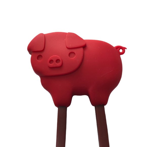 Red Silicone Pig Brown Chopsticks Kids Practice by Talisman Designs. Red - Picture 2 of 5